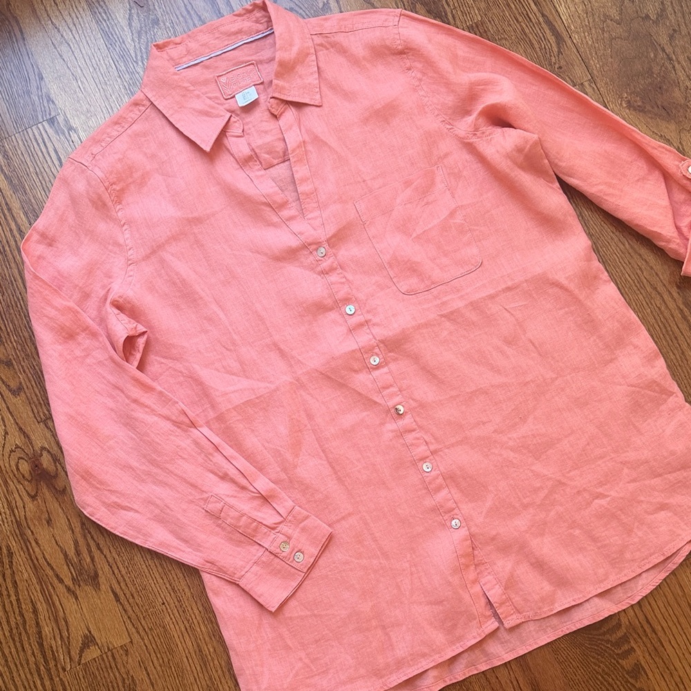 Sigrid Olsen Coral V-Neck Button-Down Linen Roll tab Sleeve Top - large-New
